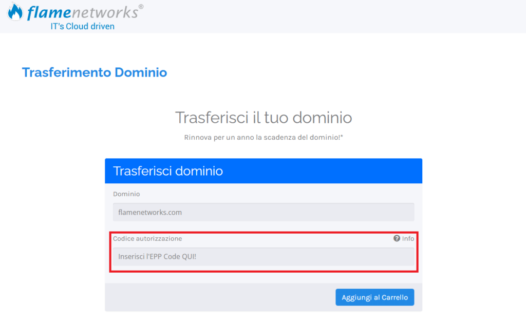 dove inserire EPP code per trasferire dominio