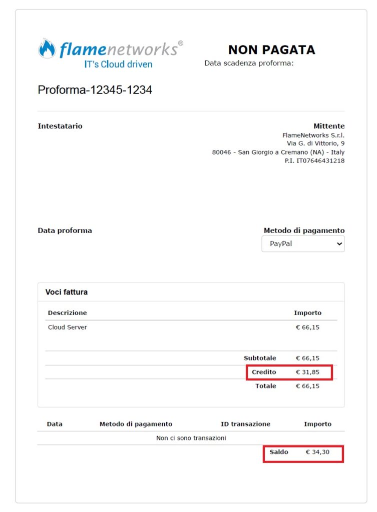 esempio pro forma flamenetworks con parte del servizio già saldata dal credito