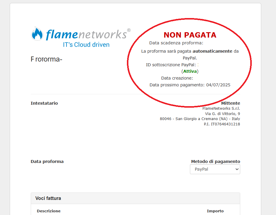 esempip pro forma di servizio su cui è attivo il pagamento automatico paypal